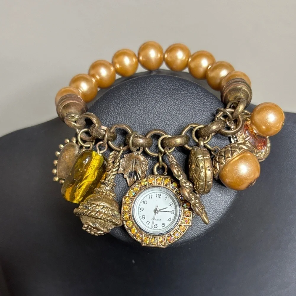 Vintage Beaded Faux Pearl Stretch Charm Watch Bracelet Victorian